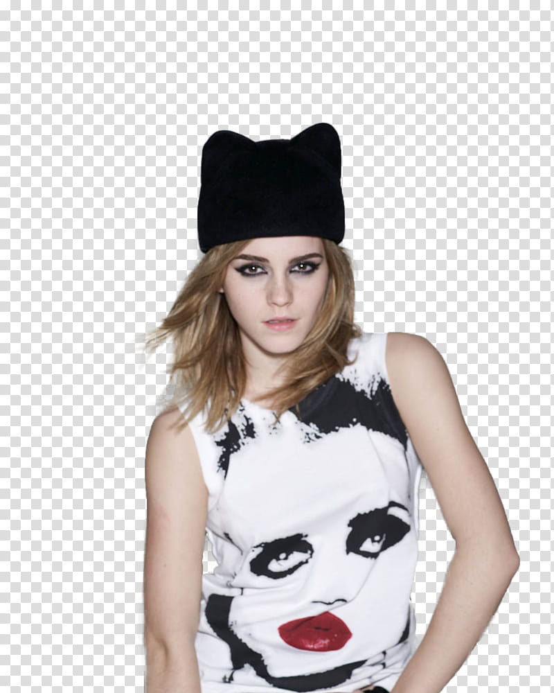 Emma Watson, standing Emma Watson wearing white, black, and red face graphic tank top transparent background PNG clipart