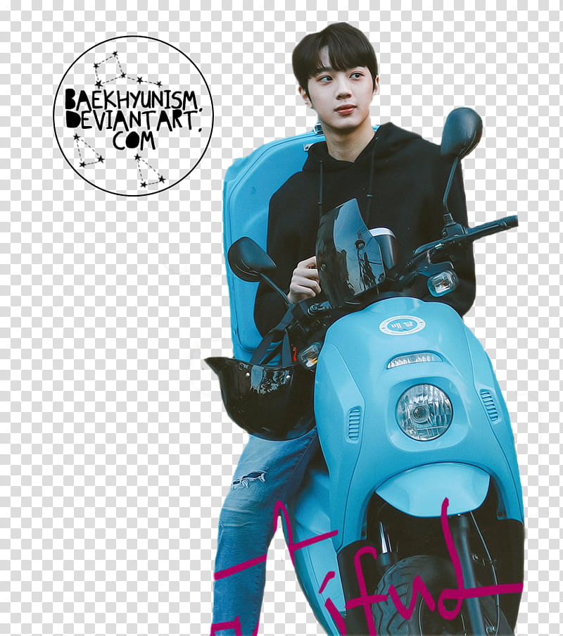 WANNA ONE BEAUTIFUL, man wearing jacket riding blue motor scooter transparent background PNG clipart