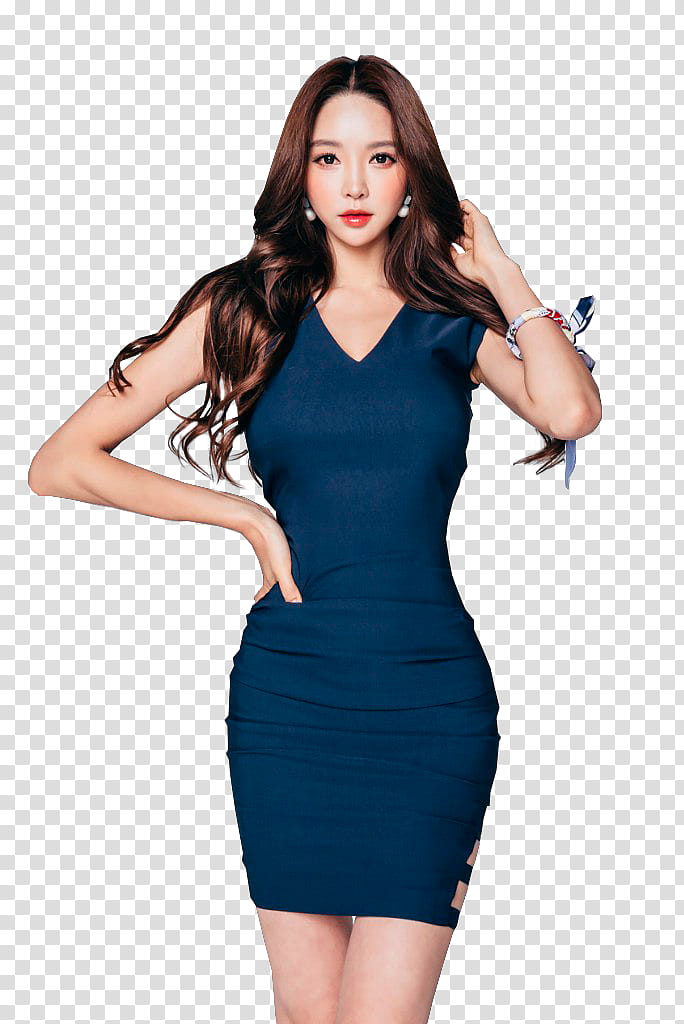 PARK SOO YEON, woman wearing blue V-neck sleeveless bodycon dress with left hand on her hair and the right hand on her waist transparent background PNG clipart