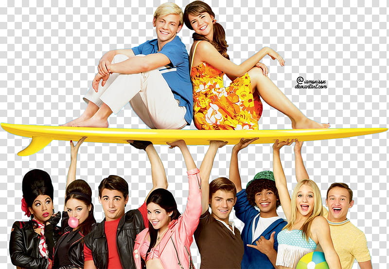 Teen Beach Movie, people lifting surfboard with two sitting man and woman on it transparent background PNG clipart