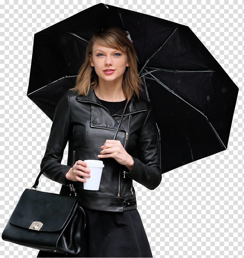 Taylor Swift, smiling Taylor Swift holding black umbrella and white tumbler transparent background PNG clipart