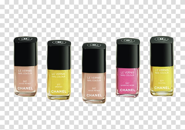 Nail Polish, five assorted-color Chanel make-up bottles transparent background PNG clipart