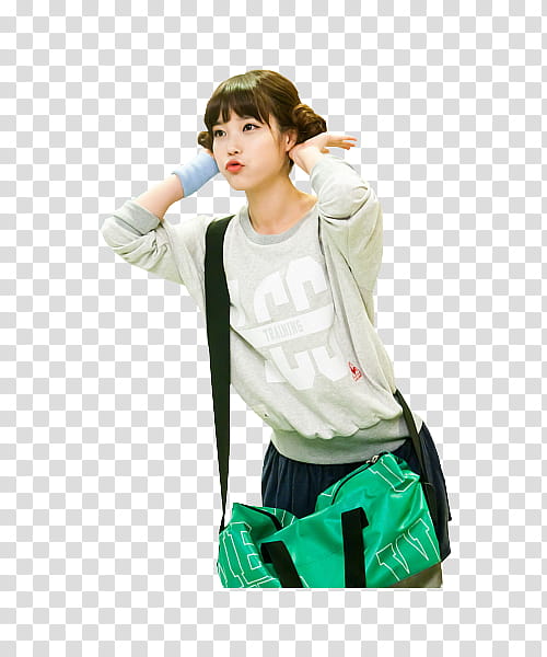 IU Set, woman touching her hair wearing green and black duffel bag transparent background PNG clipart