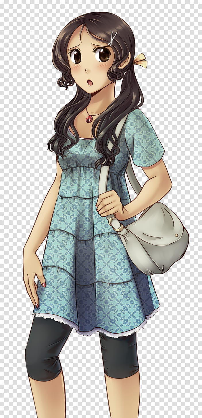 Melissa, woman in blue scoop-neck short-sleeved dress and black capri pants and white crossbody bag illustration transparent background PNG clipart