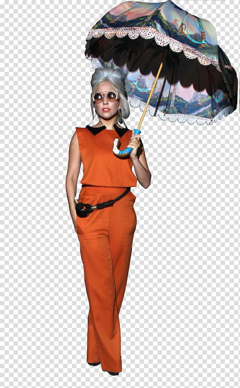 Lady Gaga , woman wearing brown overall while holding umbrella transparent background PNG clipart