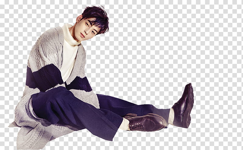 Eunwoo ASTRO, sitting man in gray and black striped cardigan transparent background PNG clipart