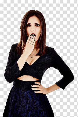 Victoria Justice Singua editions, woman in black long-sleeved crop top and blue floral skirt with shocking face transparent background PNG clipart