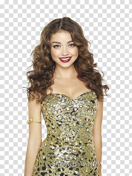 Sarah Hyland , smiling woman in brown strapless top transparent background PNG clipart