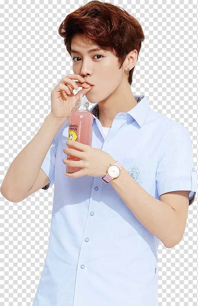 Render EXO For Ivy Club, man sipping a drink on glass bottle transparent background PNG clipart