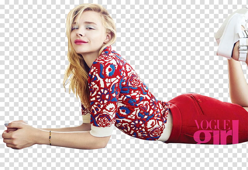 Chloe Moretz , smiling woman wearing red, blue, and white floral blouse lying on blue surface transparent background PNG clipart