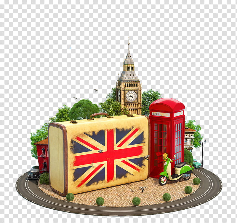 Cartoon Birthday Cake, Big Ben, , Suitcase, Travel, Union Jack, Flag, London transparent background PNG clipart