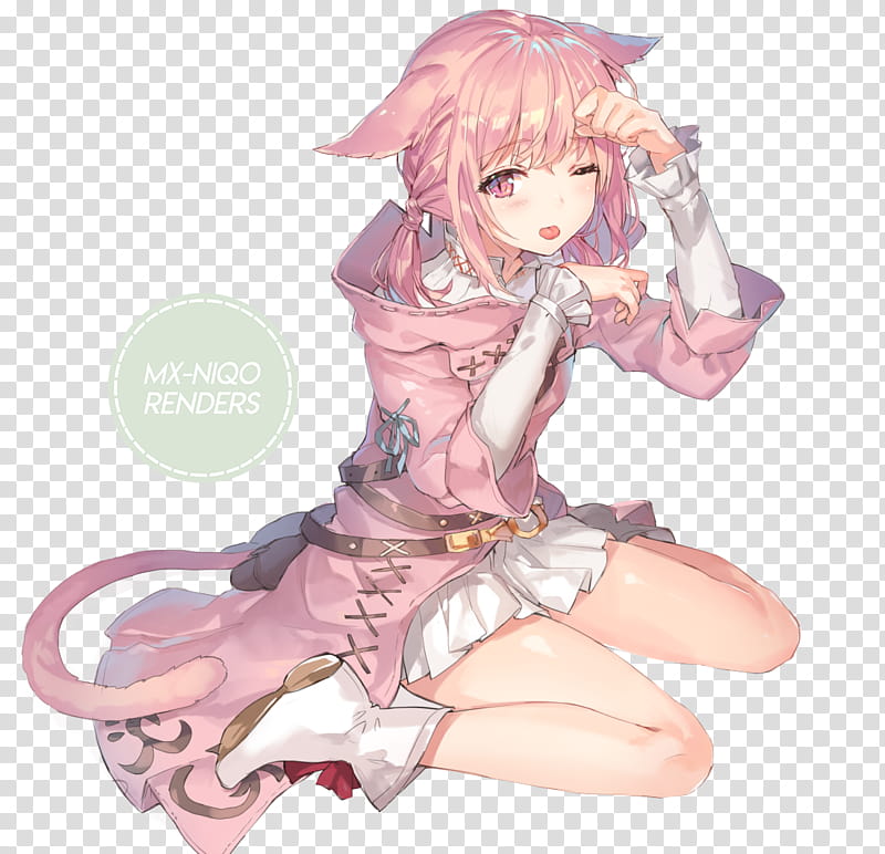 RENDER Neko Anime Girl, animated character wearing pink and white dress transparent background PNG clipart