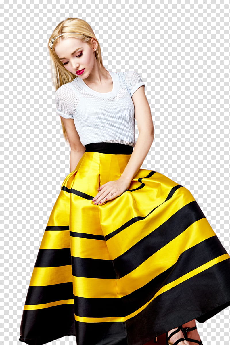 Dove Cameron, woman wearing yellow and white short-sleeved dress transparent background PNG clipart