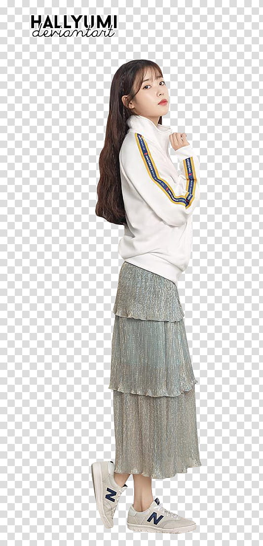 IU, woman wearing white sweatshirt and gray skirt transparent background PNG clipart