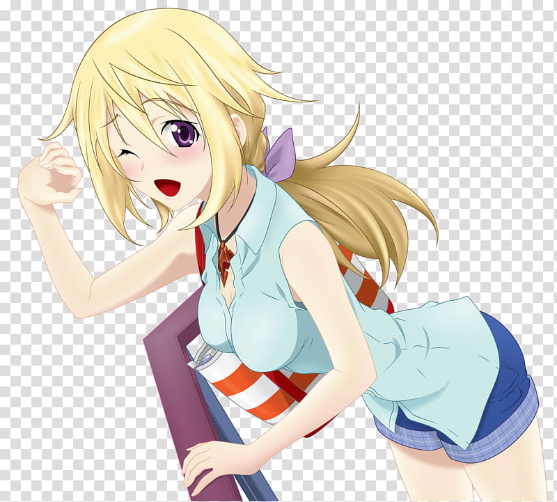 Charlotte Dunois, animated girl wearing blue shirt and blue denim short transparent background PNG clipart