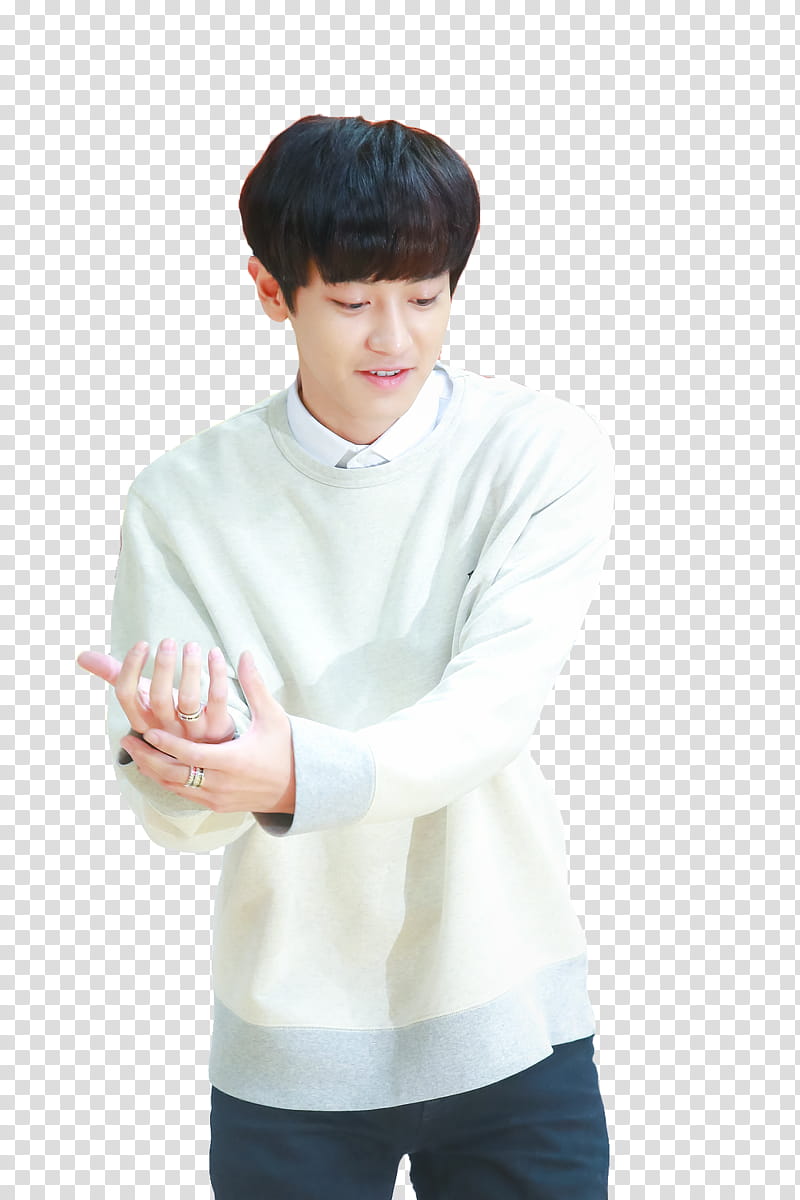 Render ChanYeol EXO, man wearing white crew-neck sweater and black bottoms transparent background PNG clipart