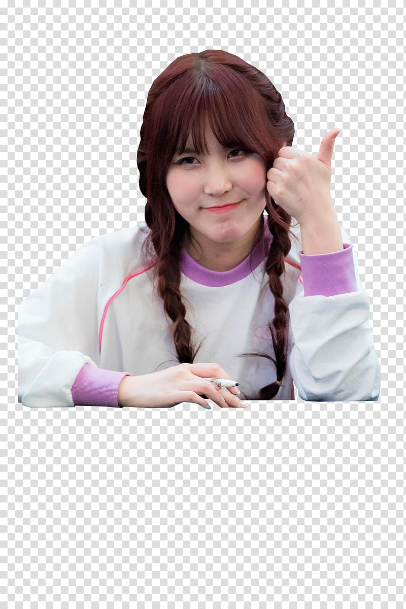 PRISTIN Yehana, smiling woman in white and purple crew-neck long-sleeved top doing thumbs up hand sign transparent background PNG clipart