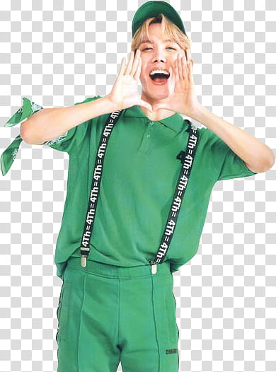 J Hope , shouting and standing boy wearing green polo shirt near blue surface transparent background PNG clipart