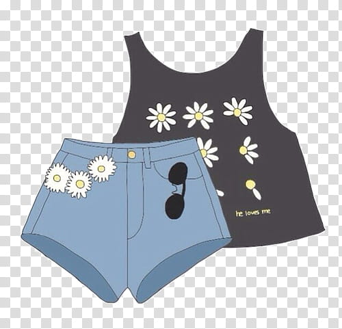 SA Y PEOPLE, black and white daisy print tank top and blue short shorts transparent background PNG clipart