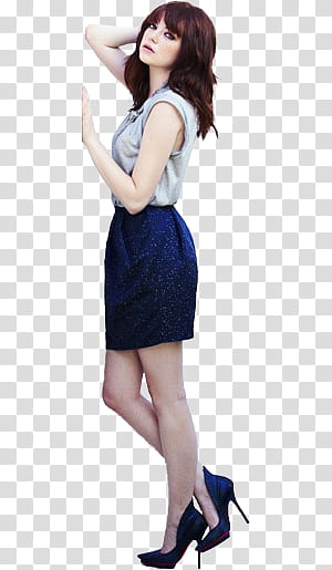 EmmaStone , woman in sleeveless top, blue mini skirt, and blue stilettos transparent background PNG clipart