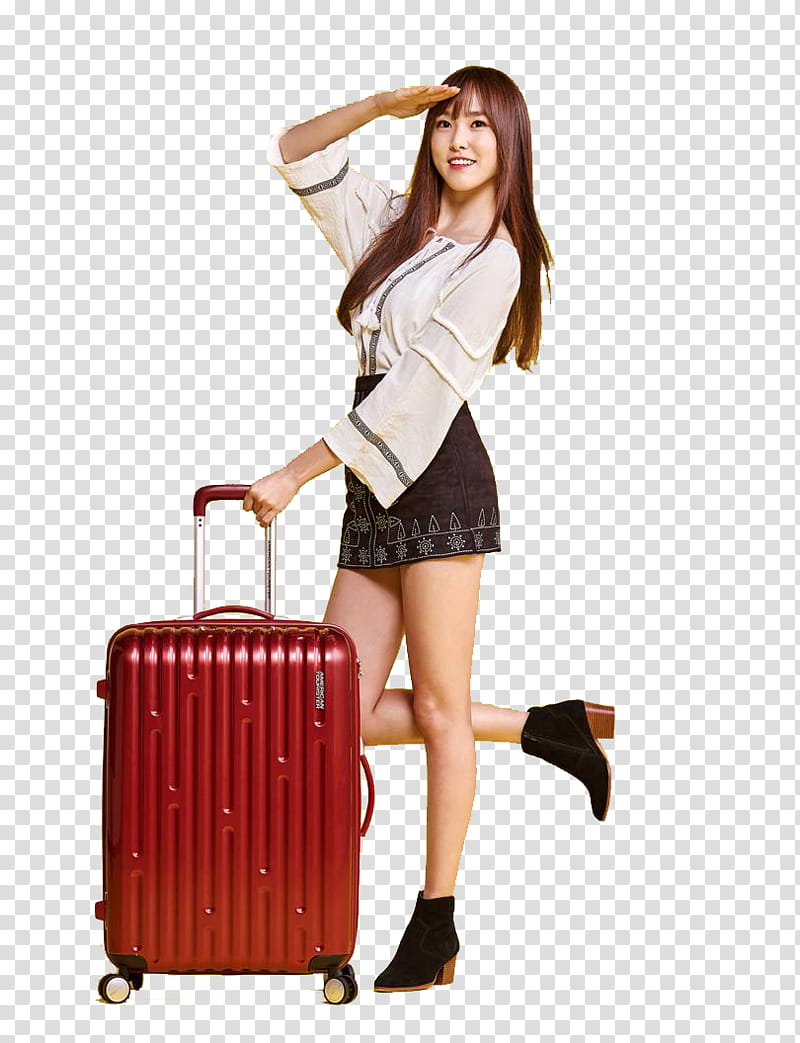 smiling woman holding red luggage transparent background PNG clipart