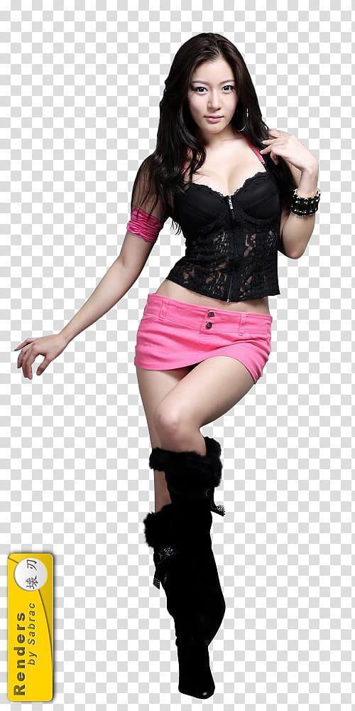 Renders Asian Girls, woman wearing black top and pink mini skirt right hand on shoulder transparent background PNG clipart
