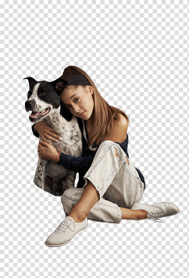 Ariana Grande, Ariana Grande hugging short-coated white and black dog transparent background PNG clipart