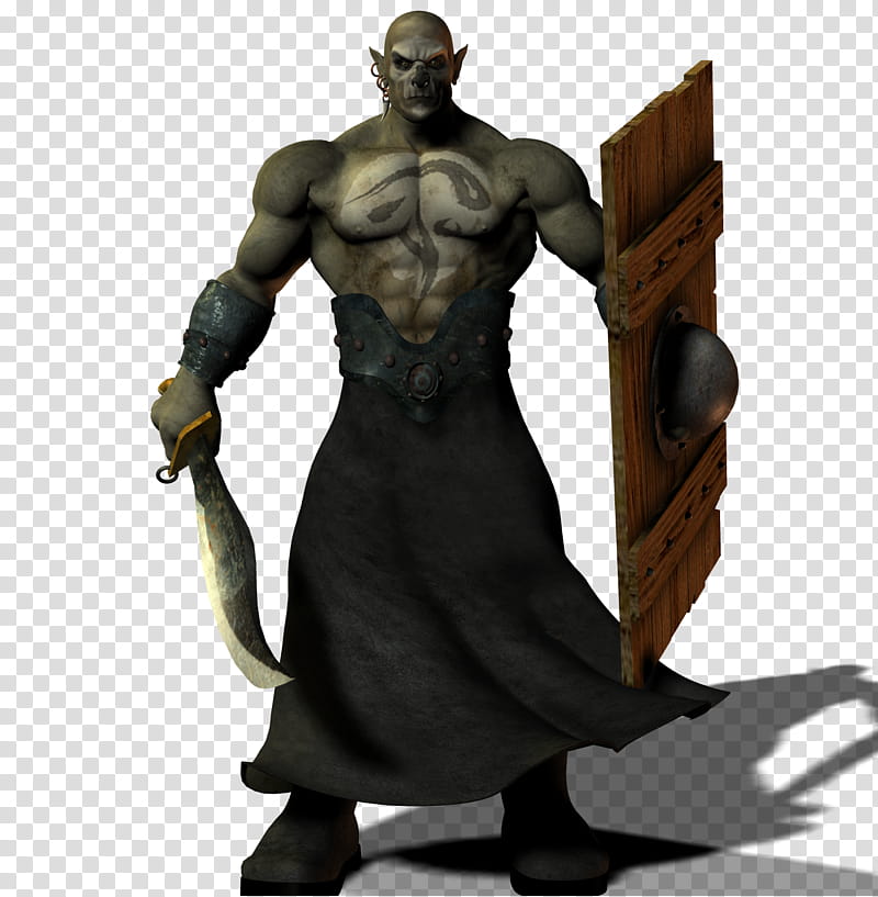 Orc Brute, orc holding brown wooden shield and silver sword transparent background PNG clipart