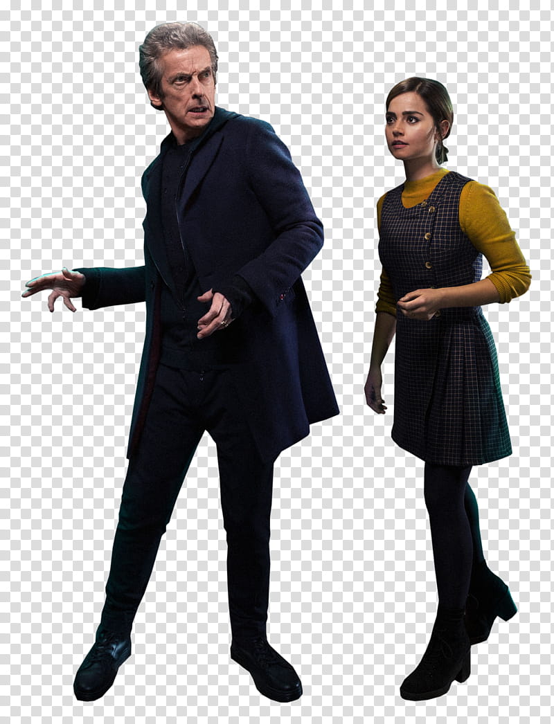 Doctor Who Season , man wearing black suit standing besides woman wearing black dress transparent background PNG clipart
