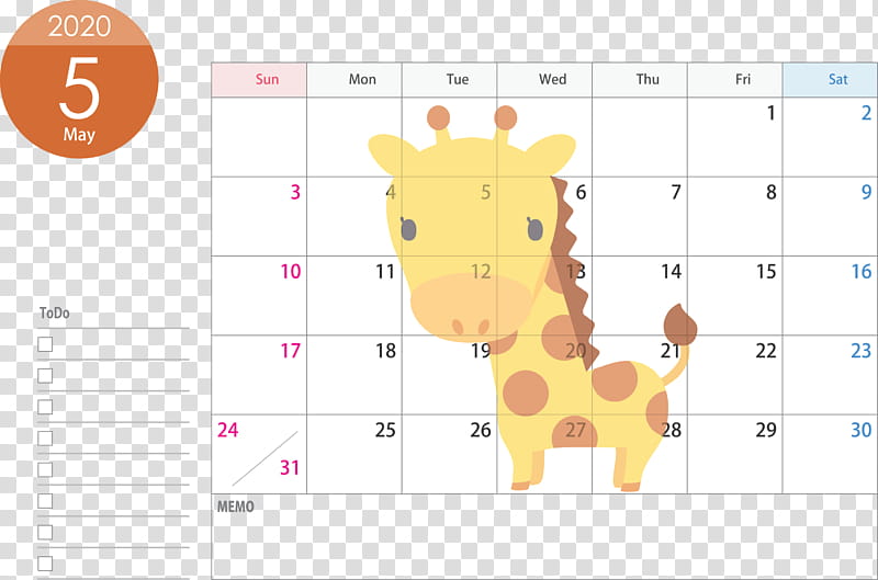 May 2020 Calendar May Calendar 2020 Calendar, Text, Yellow, Line, Giraffe, Giraffidae, Square transparent background PNG clipart