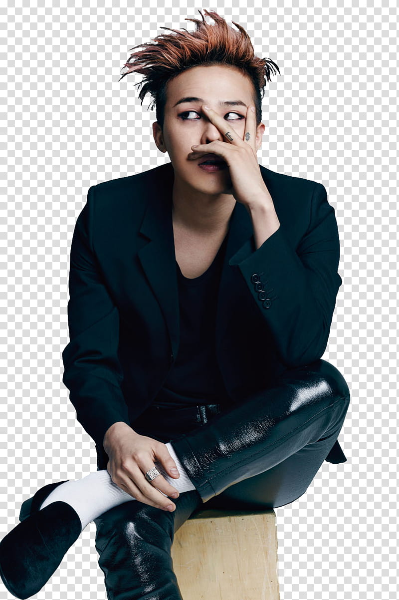 G Dragon, man sitting wearing black suit transparent background PNG clipart