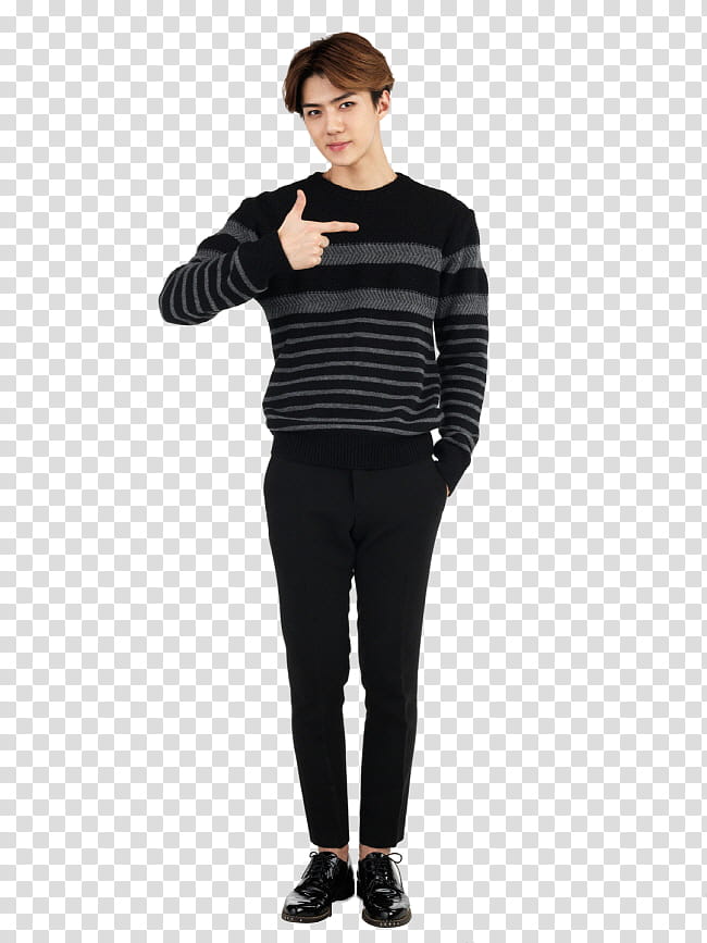 EXO SECRET P, man standing wearing black and gray striped sweater transparent background PNG clipart