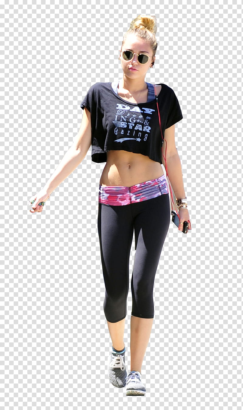 de miley Cyrus Para Cami Osorio, woman wearing black crop top and yoga pants transparent background PNG clipart