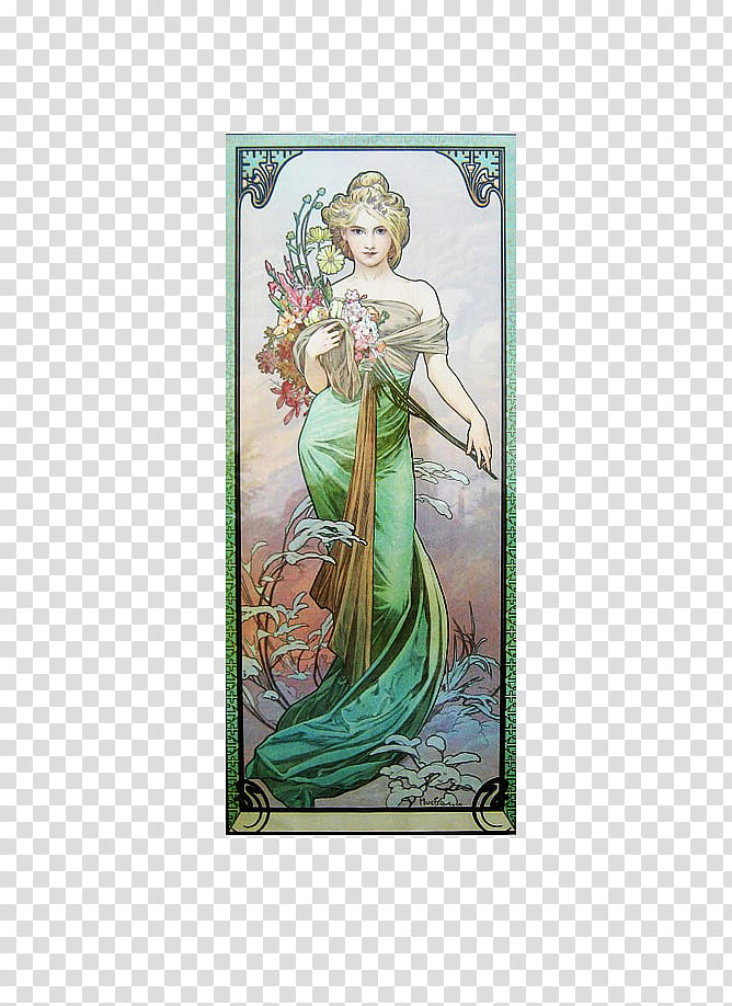 Modern design in, woman wearing green dress with flowers painting transparent background PNG clipart