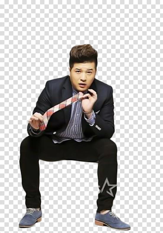 Shindong Super Junior , sitting man holding red and gray necktie transparent background PNG clipart