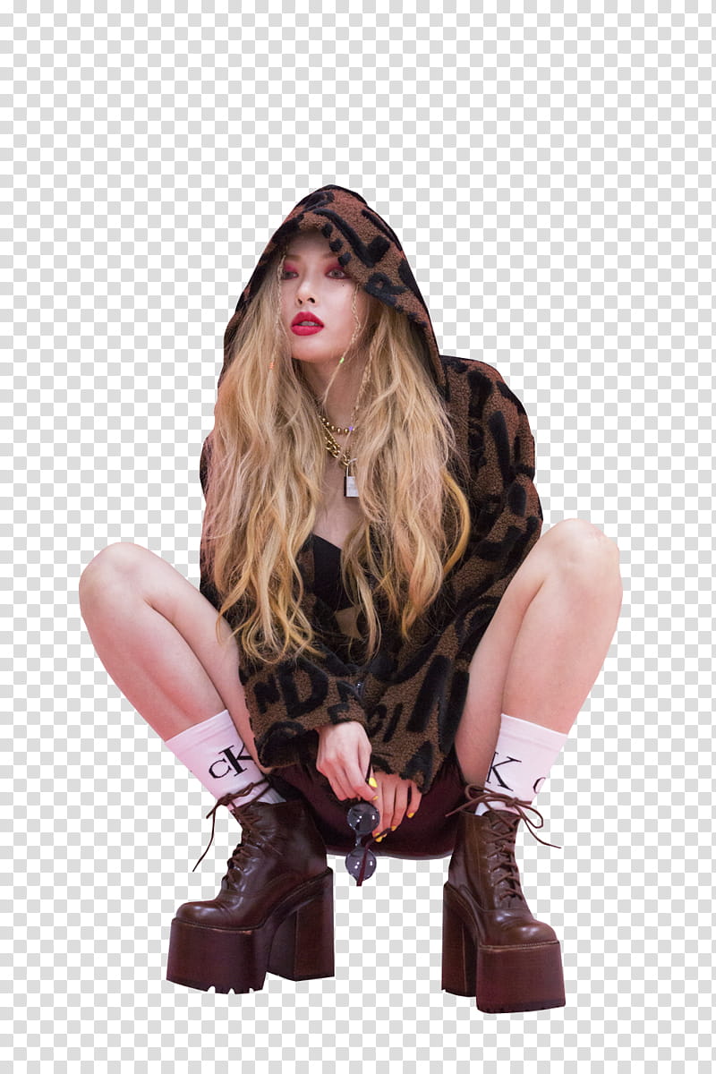 HYUNA LIP AND HIP BEHIND THE STAGE , sitting woman wearing black and brown hooded jacket transparent background PNG clipart