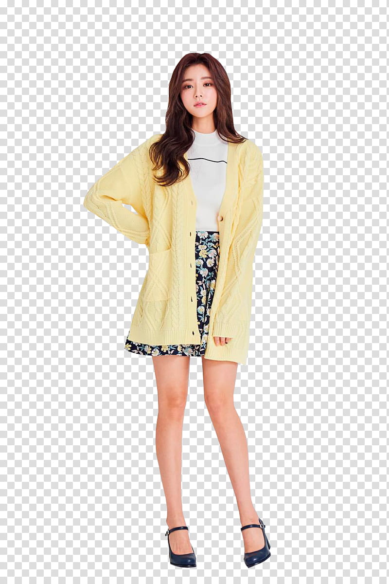 KIM JEON YEON, woman in white shirt and blue skirt with yellow cardigan transparent background PNG clipart