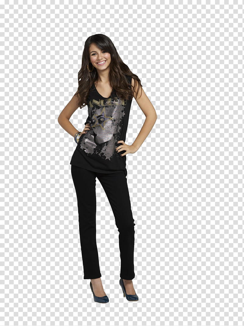 Victoria Justice, woman in black tank top and black skinny jeans transparent background PNG clipart
