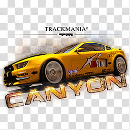 Trackmania  Canyon Icon, Trackmania  Canyon, yellow coupe with text overlay transparent background PNG clipart