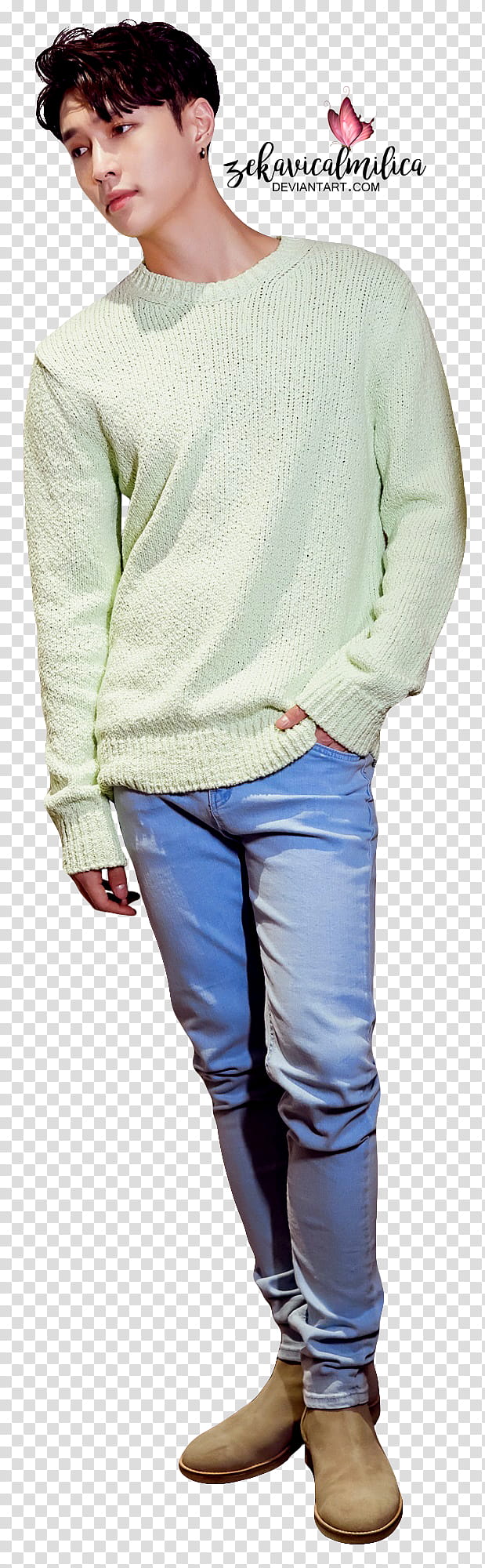 EXO Lay , man in teal sweater and blue jeans transparent background PNG clipart