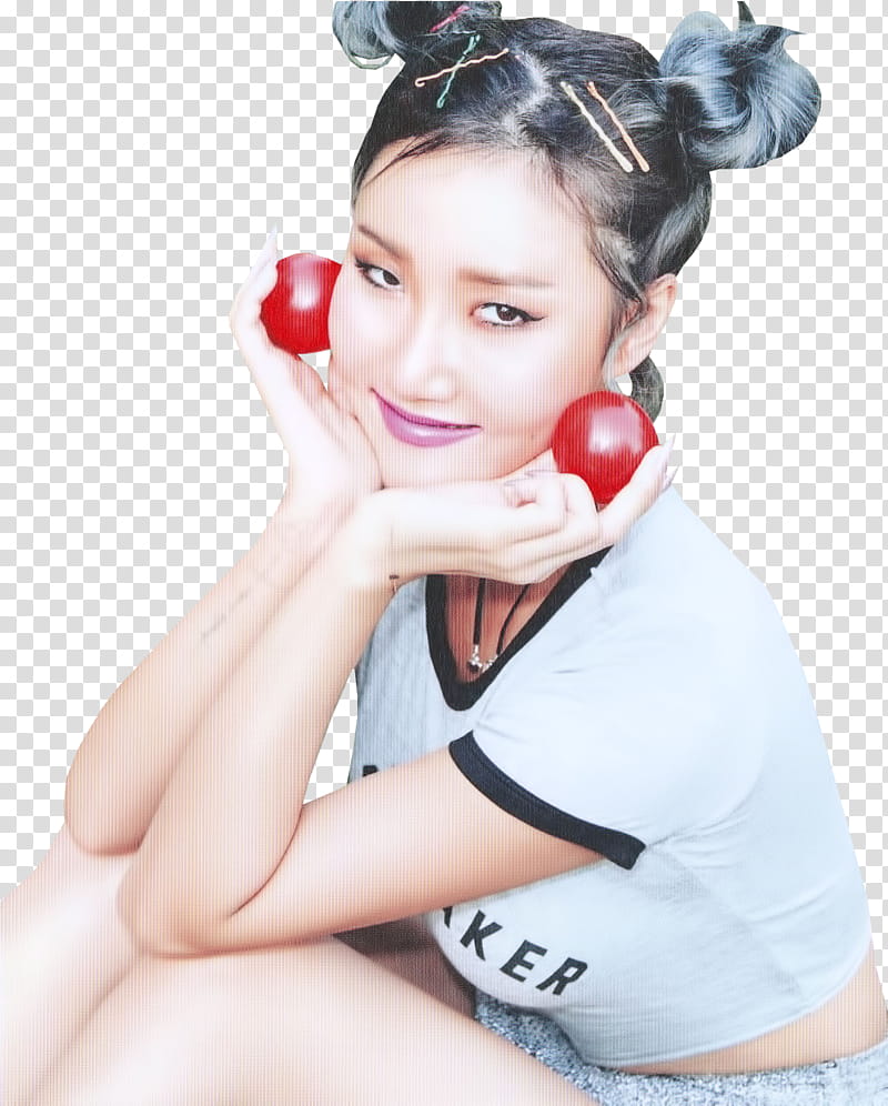 Mamamoo Hwasa with red earrings sitting and smiling transparent background PNG clipart