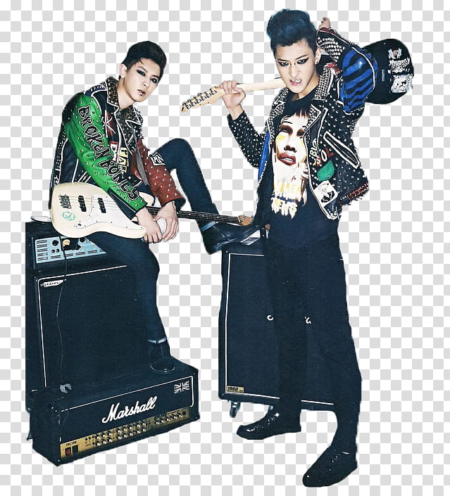 EXO THE CELEBRITY SCANS, two men holding guitars near speakers transparent background PNG clipart