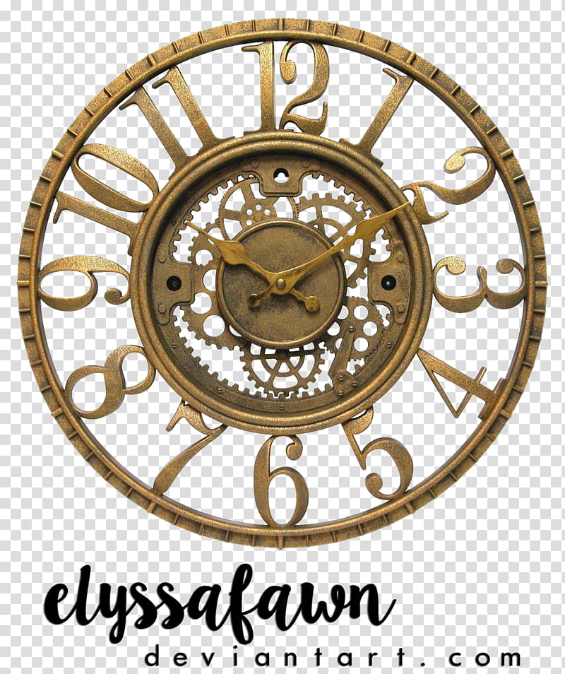 STEAMPUNK CLOCK, round gold-colored analog clock transparent background PNG clipart