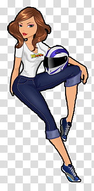 Munecas, woman in jeans and white shirt with helmet on her left leg cartoon transparent background PNG clipart