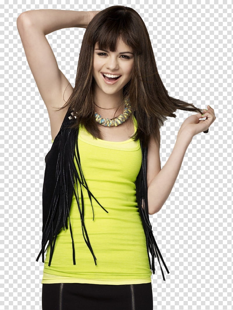 selena gomez, Selena Gomez wearing yellow tank top and fringe black vest transparent background PNG clipart