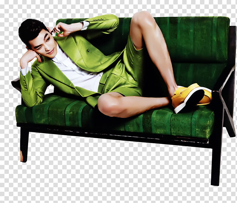 Kim Woobin and Lee Jong Suk render , man lying on green couch transparent background PNG clipart