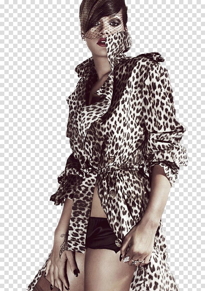 Rihanna, woman in white and black leopard-print coat transparent background PNG clipart