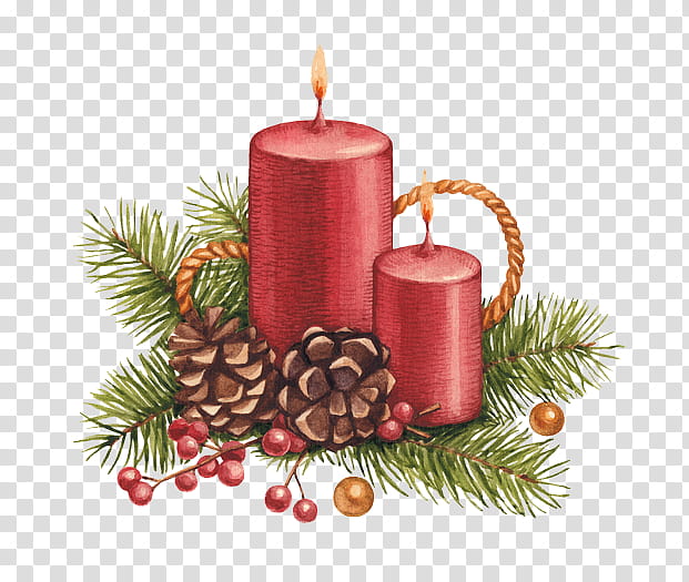 Christmas Resource , two round red candles and two brown pine cones illustration transparent background PNG clipart