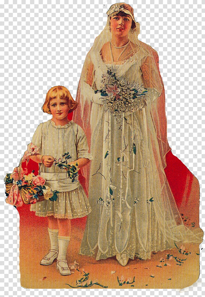 Vintage victorian clips in, woman wearing wedding gown standing beside girl art transparent background PNG clipart