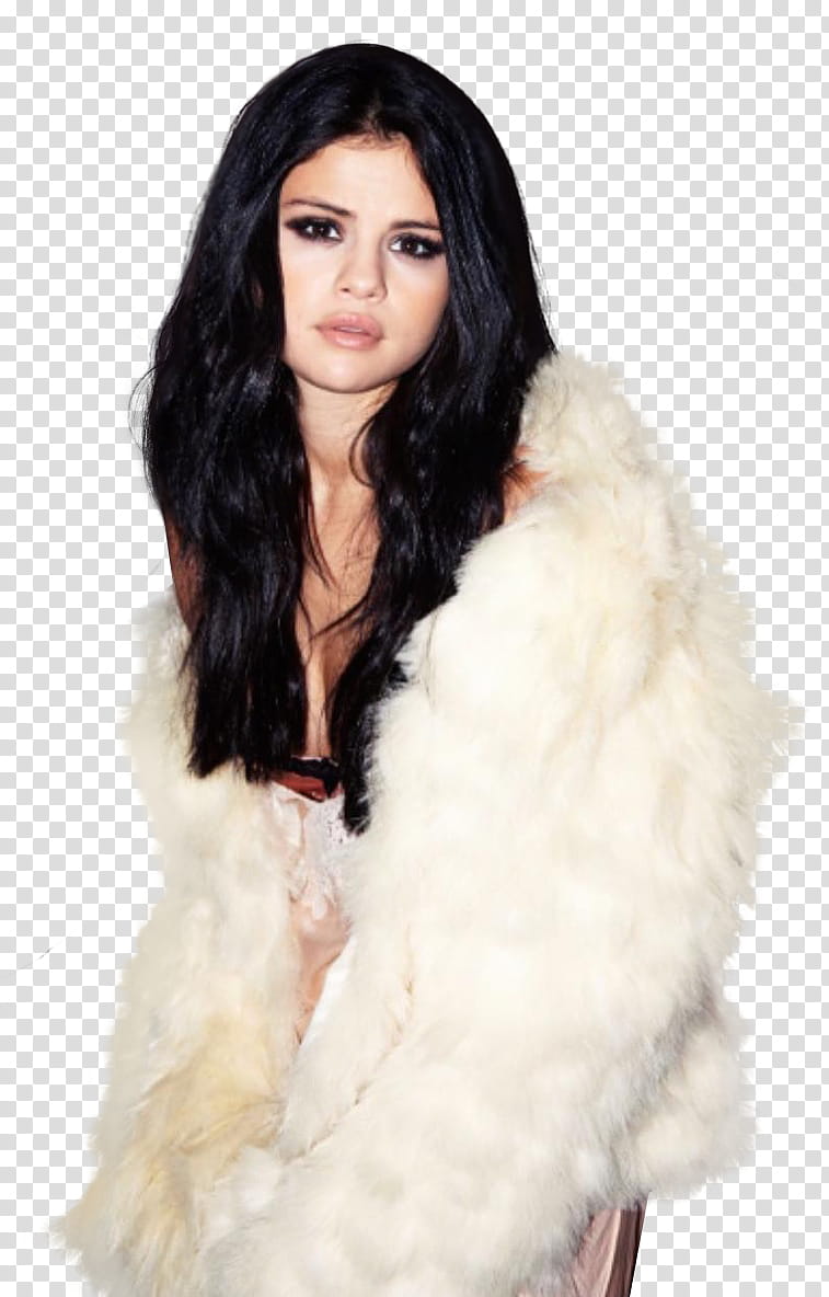 Selena Gomez, woman in white fur coat in serious face transparent background PNG clipart